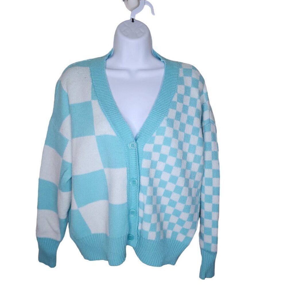 Retro Witty Fox Geometric Cardigan Sweater Womens Size S Blue White